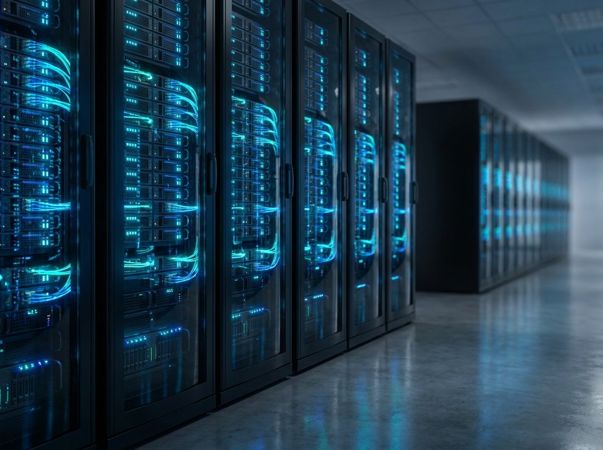 Modern data centre with blue-lit server racks